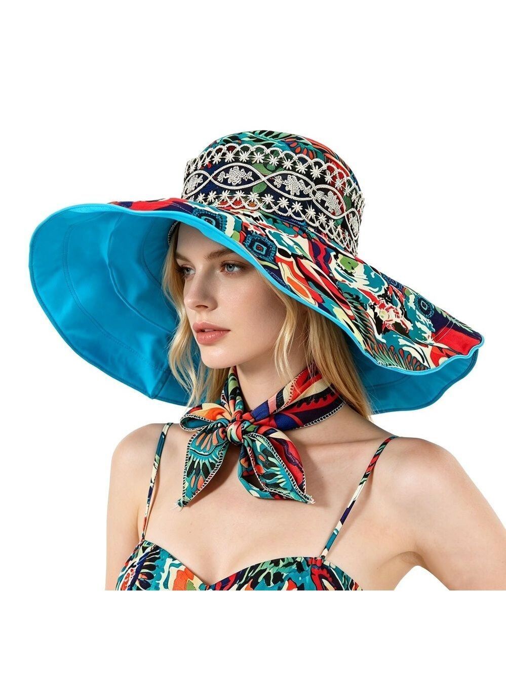 Women's Foldable Floppy Sun Hats Reversible Vacation Beach Cap | Blue | Size OS - Picture 3 of 12